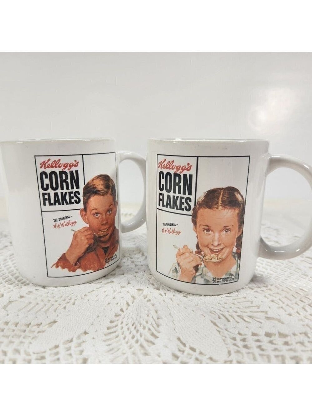 Kellogg's Kids Coffee Cup Mug Norman Rockwell Corn Flakes Set of 2 Made In Japan